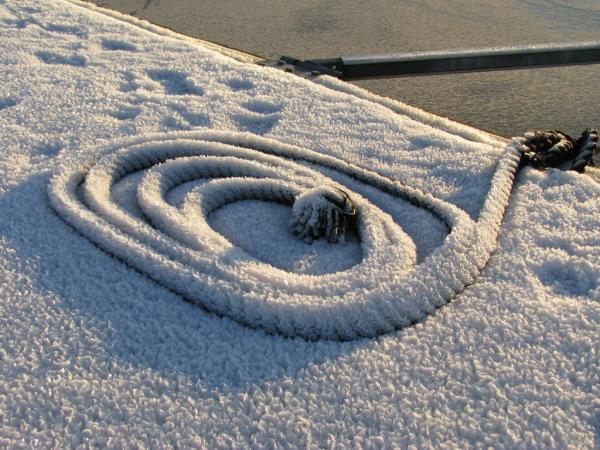 Frozen coils on a landing at Sundbyholm Marina at Lake m�laren, outside Eskilstuna, on New Years Eve 2008
