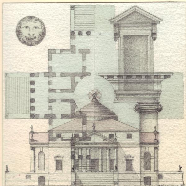 Andrea Palladio's "Villa Capra"  1987
Watercolor and Graphite. Comiplation of floor plan, elevation and specific details. Size approximately 6 inches square (14.3 cm sq.)