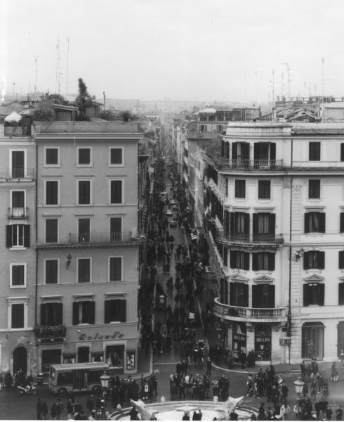 View toward Via dei Condotti from the top of the Scalinata della Trinit� dei Monti (aka �The Spanish Steps) in Rome Italy. 
B&W film photograph, 1998