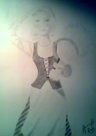 This is the Elovena girl, a young lady in a Finnish national dress standing on the field. Anyone (or at least any female) who looks particularly "Finnish" is often compared to her. She is the figure of a Finnish company which makes anything from oat (porridge, cookies, cereal).