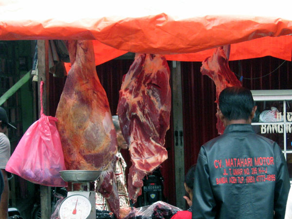 the market stalls with sinewy beef backs hanging
in the open air