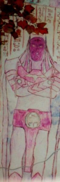 I was interested in Egypt and decided to decorate my room with hieroglyphics.  I got tired of the usual decor, though, and decided to incorporate my other interests in the Egyptian style.  This is a Batman I drew in the Egyptian style.