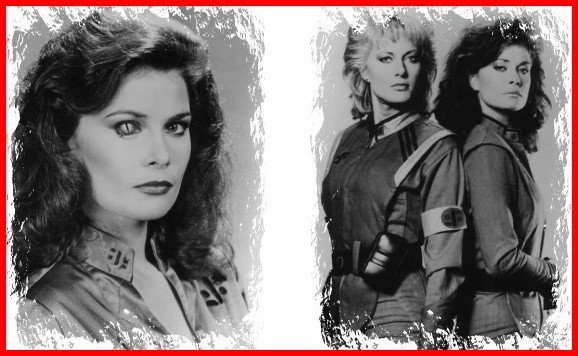 Diana, her reptilian side revealed in her eyes in the picture on the left (played by Jane Badler).  Standing with June Chadwick, who played Lydia--the Visitor second-in-command in the TV series