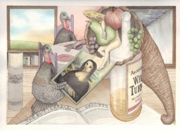 Ben and Franklin's Thanksgiving 2011.
Watercolor on graphite layout, traces of gouache and colored pencil. 7 1/2 in x 10 1/2 in