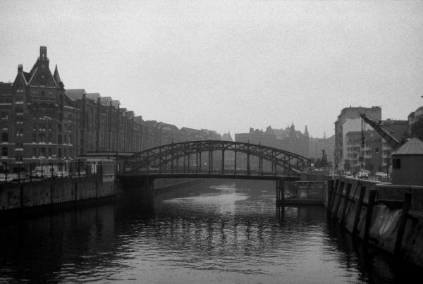 Bridge over canal in Hamburg Germany.
Digital conversion from slide photo. 1988