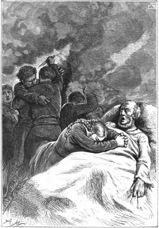 Marie rose with cries of despair, and hurried to
the bed of old Jean Cornbutte.