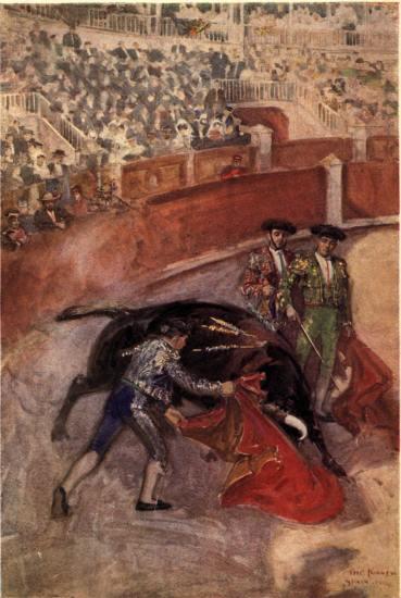 The animal moved in confusion between the red cloths
drawing him far away from the swordsman.